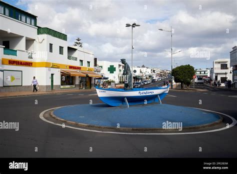 Playa Blanca Town Centre With Roundabout And Fishing Boat Sculpture