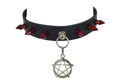 Gothic Punk Rock Emo Pentagram Charm Rivet Red Spikes Leather Choker