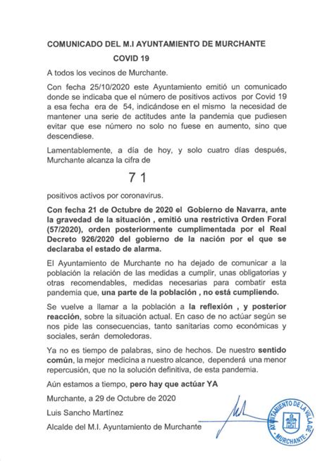 COMUNICADO AYUNTAMIENTO DE MURCHANTE POSITIVOS COVID A 29 10 2020