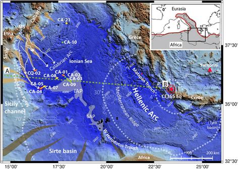 a: bathymetric map of the Ionian Sea with location of sediment cores ...