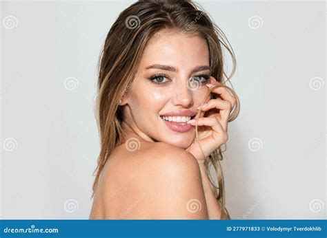 Beautiful Smiling Woman With Naked Shoulder On White Sensual Beauty