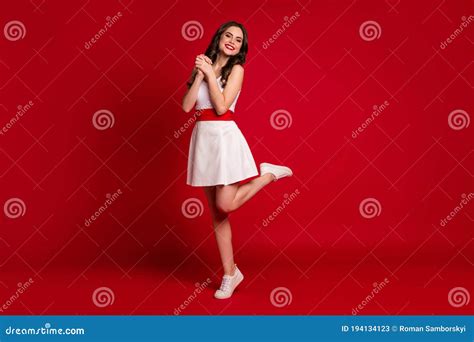 Full Length Profile Photo Of Pretty Cute Lady Hold Wavy Skirt Good Mood