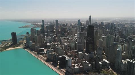 Drone Wide Footage Of Chicago Downtown Skyline On Sunny Day Stock