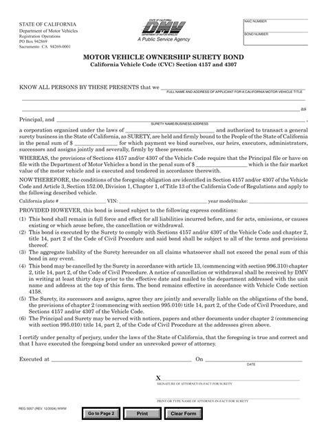 CA DMV Form REG 5057 Motor Vehicle Ownership Surety Bond Forms