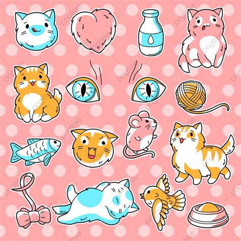 Conjunto De Lindos Gatos Kawaii Png Dibujos Feliz Gatito Comida Png