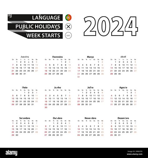 Calendario En Idioma Portugu S La Semana Comienza El Domingo