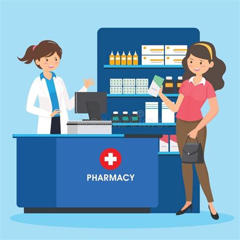 Pharmacy With Nurse In Counter Drugstore Cartoon Character Stock C