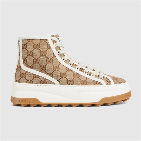 Women S Gg High Top Sneaker In Beige And Ebony Gg Canvas Gucci Ae