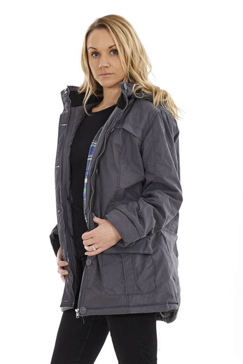 Ladies Lined Winter Coat Womens Outerwear Grey Zip Parka Hooded Plus