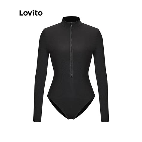 Lovito Casual Plain Zipper Long Sleeves Basic Bodysuit For Women