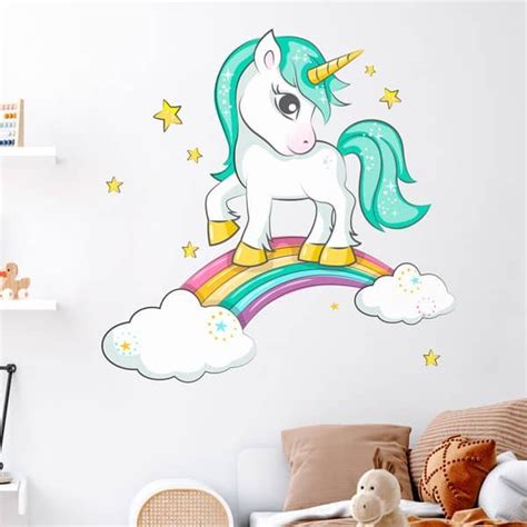 Sticker Mural Licorne Avec Arc En Ciel