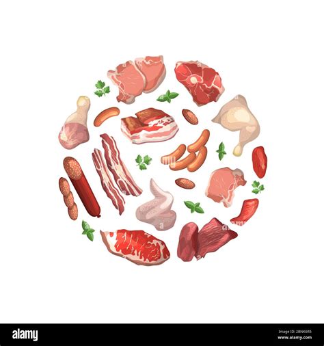 Vector Cartoon Meat Elements Gathered In Circle Illustration Stock