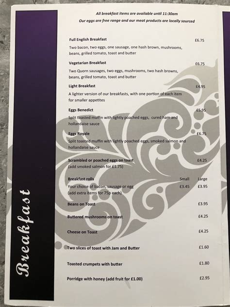 Menu at Aubergine Cafe, Sedgefield