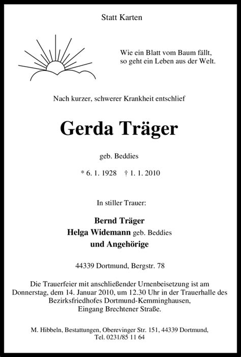 Traueranzeigen von Gerda Träger Trauer in NRW de