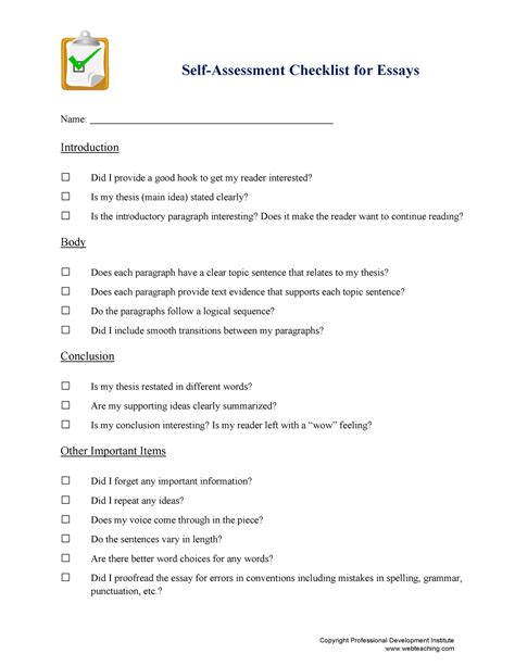 Self Assessment Checklist For Essays Self Assessment Checklist For Essays Name Introduction