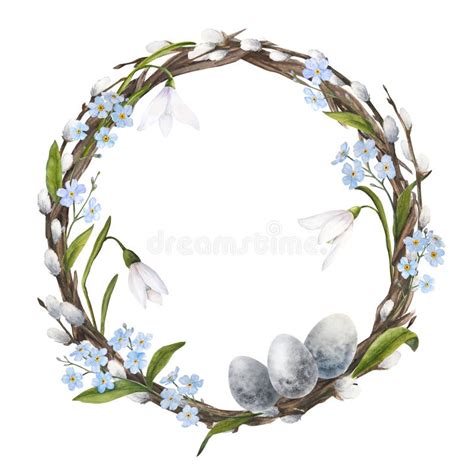 Watercolor Illustration Of A Easter Wreath With Snowdrops Forget Me