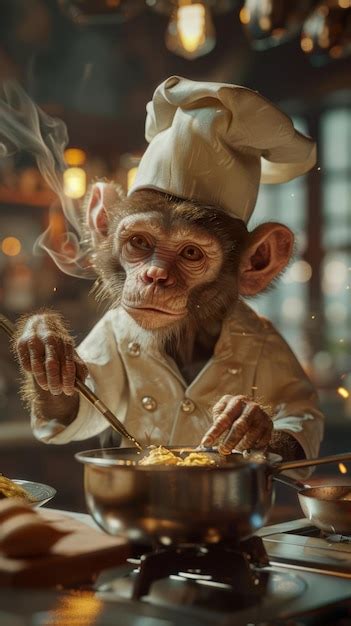 Premium Photo A Monkey With A Chef Hat Cooking With A Spoon