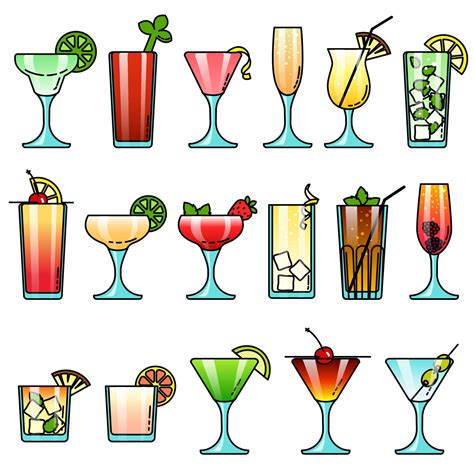 Popular Colorful Alcohol Cocktail Drink Glasses Icon Set For Menu