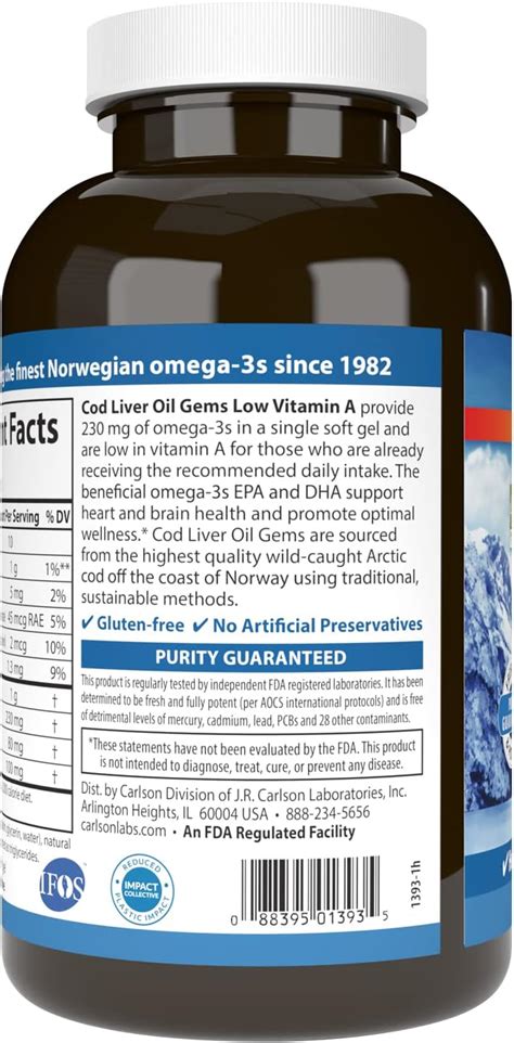 Carlson Gemas de aceite de hígado de bacalao baja vitamina A 230 mg