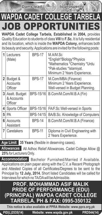 Wapda Cadet College Tarbela Jobs June July For Teaching Faculty