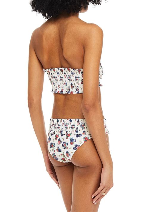 TORY BURCH Ruffle Trimmed Shirred Printed Low Rise Bikini Briefs THE