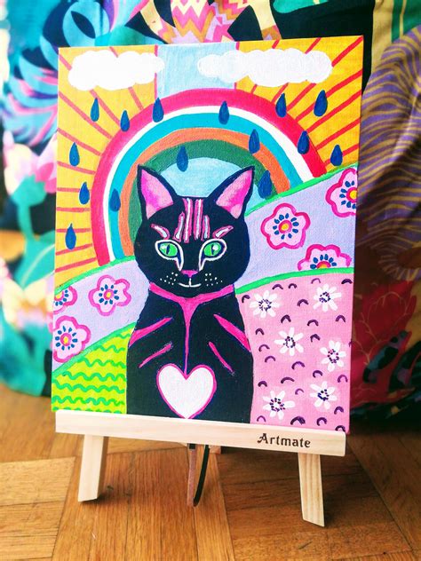 Folk Art Cat Tuxedo Cat Painting On Canvas Cat And Rainbow Wall Art Original Whimsical