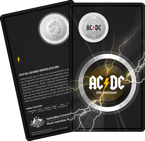 2023 50 Cent 50th Anniversary ACDC Coloured CuNi UNC Coin on Card