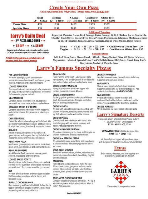 Online Menu Of Larry S Pizza East End Restaurant Hensley Arkansas