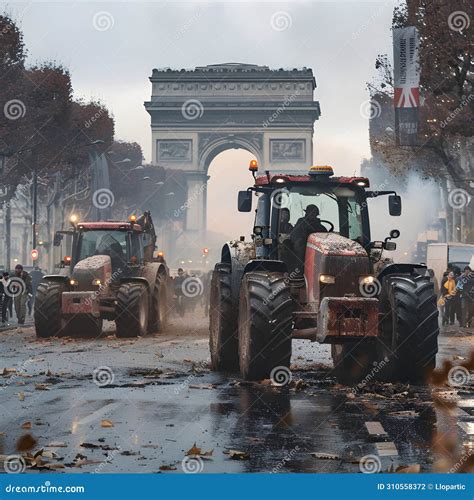 Farmers Protest With Tractors On The Streets Of Cities In France Stock