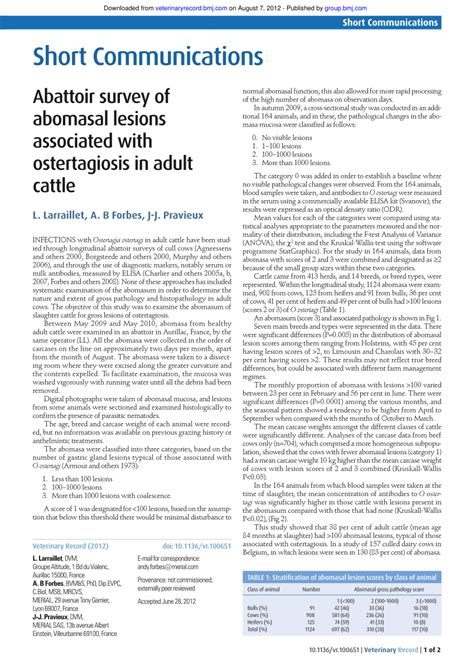 PDF Abattoir Survey Of Abomasal Lesions Associated With Ostertagiosis