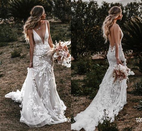 Elegant Country Mermaid Wedding Dress Deep V Neck Open Back Flowers