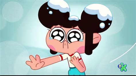 A Cartoon Girl With Big Eyes And Black Hair Is Holding Her Hands Out In