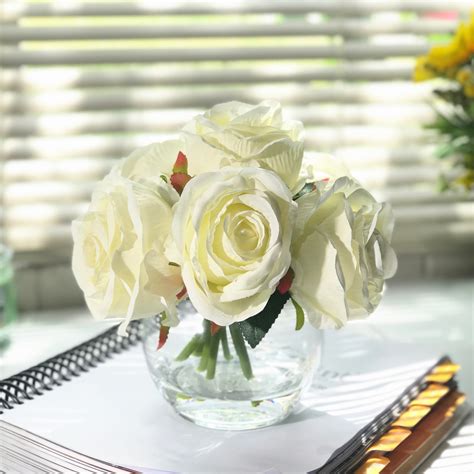 Enova Home Artificial 7 Cream Open Rose Silk Flowers Stem In Round Clear Glass Vase With Faux