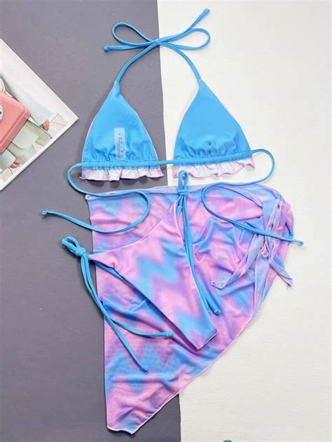 Conjunto de bikini con efecto tie dye sujetador de triángulo halter