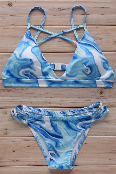 Floral Print Cross Halter Bikini Set LIGHT BLUE Bikinis Halter