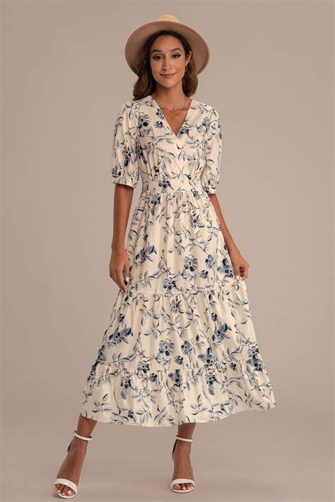 Wrap V Neck Short Sleeve Floral Midi Dress Cherieday