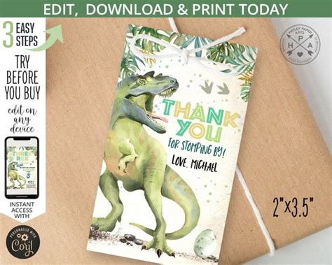 Dinosaur Thank You Favor Gift Tag Third Three Rex Dino Mite T Rex Boy