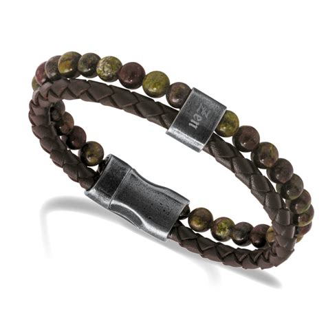 Bracelet Homme Rochet Karma Zen Acier Cuir Tressé Marron 5mm et Perles