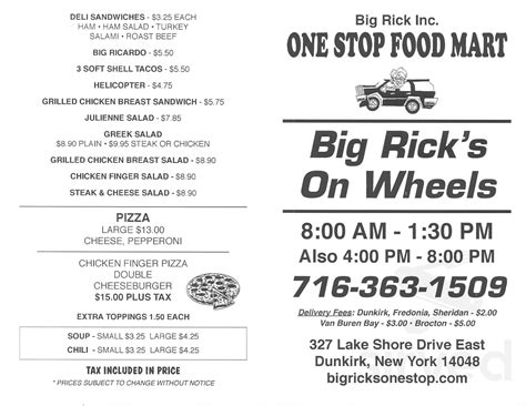 Big Ricks one stop food mart. menus in Dunkirk, New York, United States