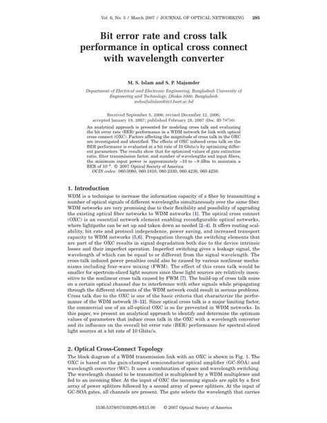 Pdf Bit Error Rate And Cross Talk Performance In Optical Cross