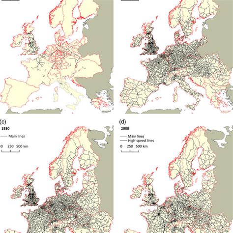 (A-D). Railways and boundaries in Europe, 1850, 1910, 1930, and 2000 ...