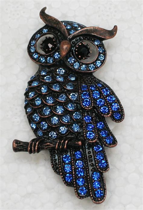 Animal Brooch Antique Copper Blue Rhinestone Owl Pin Brooches C943 B3