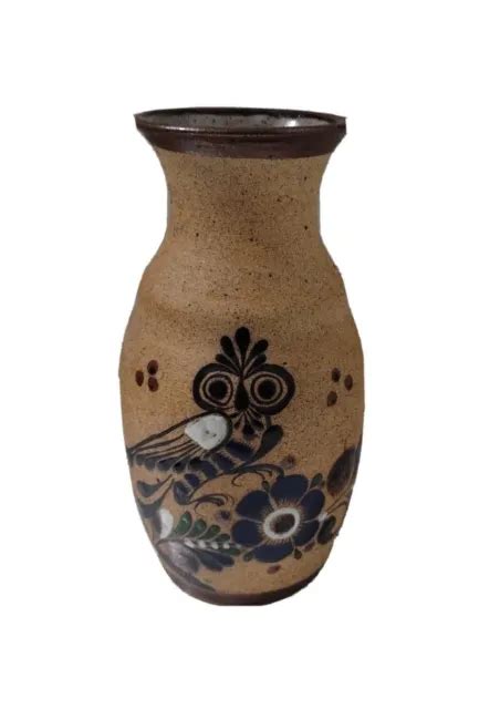 Tonala Mexico Signed Owl Bird Flower Pottery Vase Vintage Read