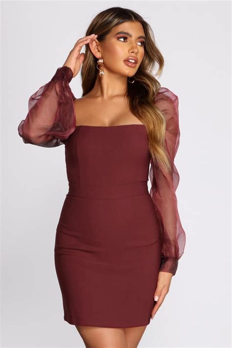 Sheer Sleeve Dress Puff Long Sleeves Long Sleeve Bodycon Dress Puffed Sleeves Dress Classy