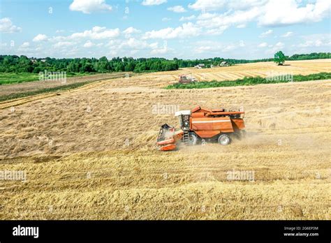 Harvest Time Combine Harvester Working On A Wheat Field Summer