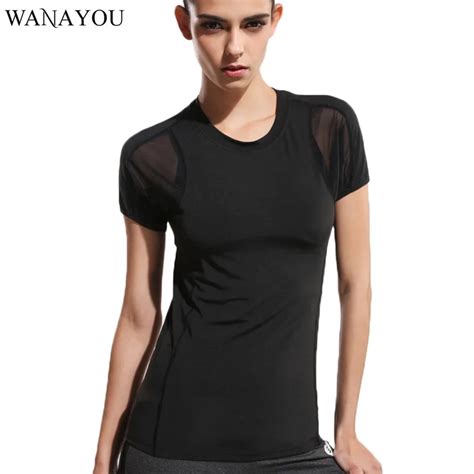 Women Black Short Sleeve Yoga Mesh Sports T Shirt Elastic Womens Gym Fitness Running Black Tops