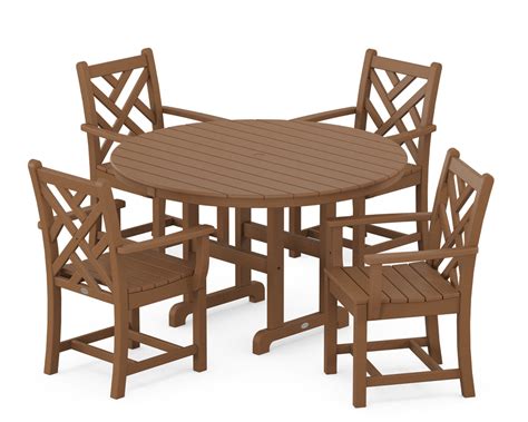 Polywood Chippendale 5 Piece Round Farmhouse Dining Set In Teak