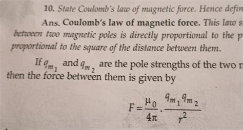 10 State Coulomb S Law Of Magnetic Force Hence Defin Ans Coulomb S Law