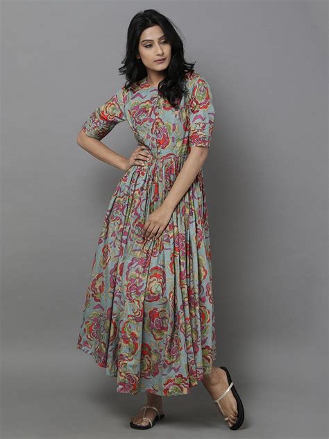 Grey Rose Cotton Maxi Dress Kalamkari Dresses Summer Dresses