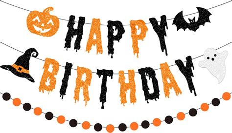 Ptfny Glittery Halloween Happy Birthday Banner Black Orange Halloween Birthday